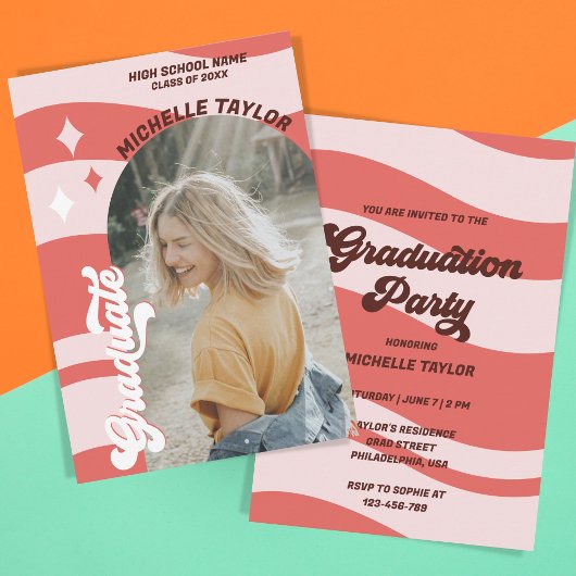Groovyレトロ70s卒業ピンクレッドヴィンテージアーチ 招待状