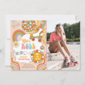Groovyローラスケートレトロ70sレインボー誕生日 招待状 (正面)