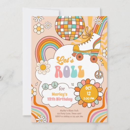 Groovyローラスケートレトロ70sレインボー誕生日 招待状 (正面)
