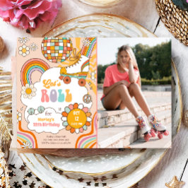 Groovyローラスケートレトロ70sレインボー誕生日 招待状