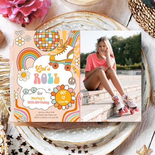 Groovyローラスケートレトロ70sレインボー誕生日 招待状