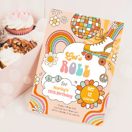 Groovyローラスケートレトロ70sレインボー誕生日 招待状