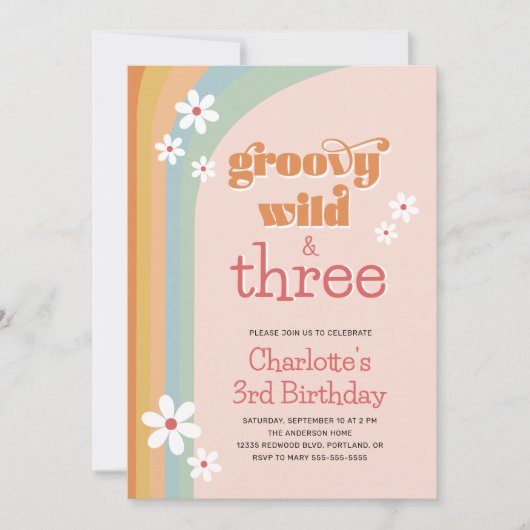 Groovyワイルド白デイジー女の子の3番目の誕生日 招待状 (正面)