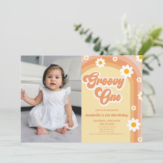 Groovyワンオレンジレトロデイジー1st誕生日パーティー 招待状 (スタンド正面)