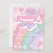 Groovyワンパステルピンクレインボー1st誕生日パーティー 招待状 (正面)