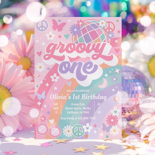 Groovyワンパステルピンクレインボー1st誕生日パーティー 招待状