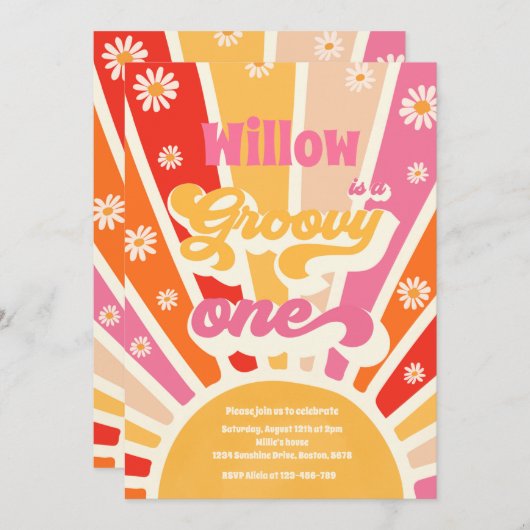 Groovyワンヒッピー1stバースデーサンシャインデイジー 招待状 (正面/裏面)