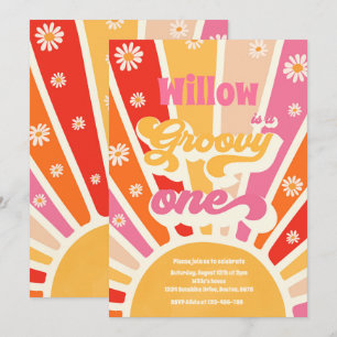 Groovyワンヒッピー1stバースデーサンシャインデイジー 招待状