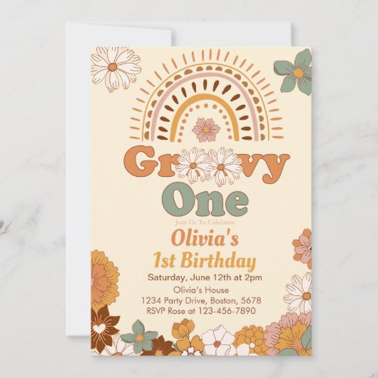 Groovyワンフローラレインボー1st誕生日招待状 招待状 (正面)