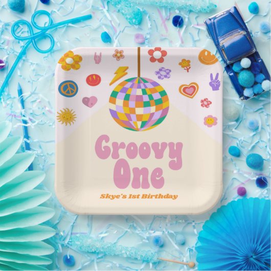 Groovyワンレトロディスコボール1st誕生日パーティー ペーパープレート (パーティー)