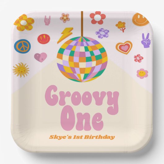 Groovyワンレトロディスコボール1st誕生日パーティー ペーパープレート (正面)