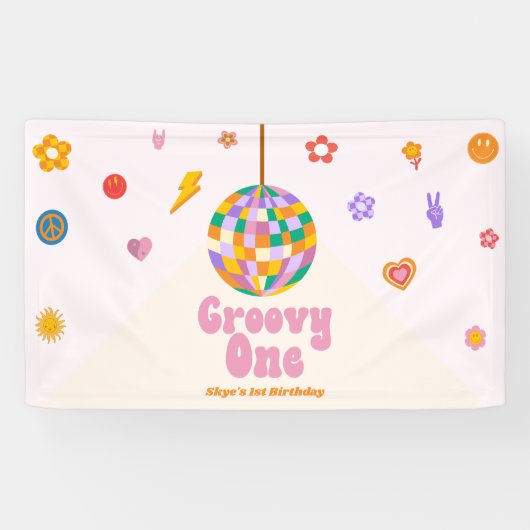 Groovyワンレトロディスコボール1st誕生日パーティー 横断幕 (横)