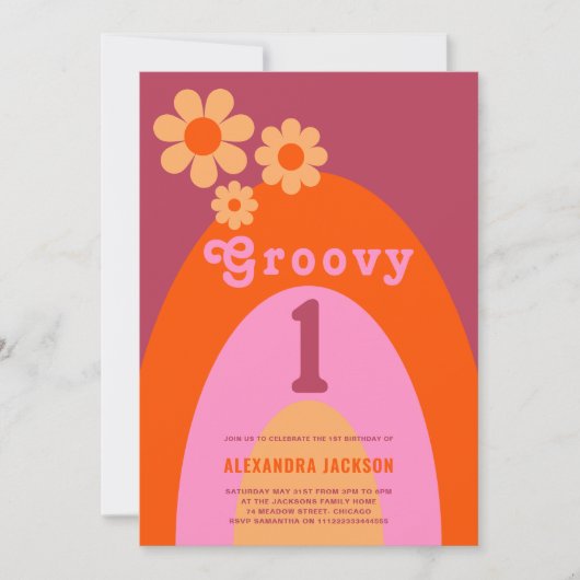 Groovyワンレトロデイジーアーチ1st誕生日パーティー 招待状 (正面)
