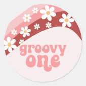 Groovyワンレトロデイジーボホフローラ最初の誕生日 ラウンドシール (正面)