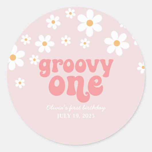 Groovyワンレトロデイジーボホフローラ最初の誕生日 ラウンドシール (正面)