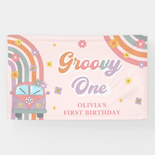 Groovyワンレトロデイジー誕生日パーティー 横断幕 (横)