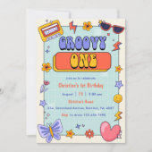 Groovyワンレトロヒッピー1st誕生日パーティー 招待状 (正面)