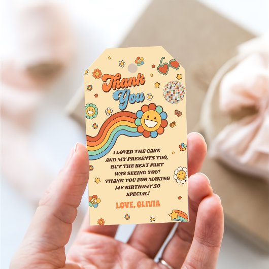 Groovyワンレトロレインボー1st誕生日パーティー ギフトタグ