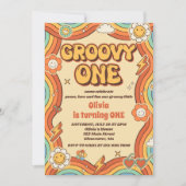 Groovyワンレトロレインボー1st誕生日パーティー 招待状 (正面)