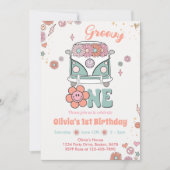 Groovyワンレトロ花1st誕生日招待状 招待状 (正面)