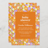 Groovyヴィンテージオレンジパープルフラワーベビーシャワー 招待状 (正面/裏面)