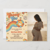 Groovy女の子レトロレインボーベビーシャワーパーティー写真 招待状 (正面)