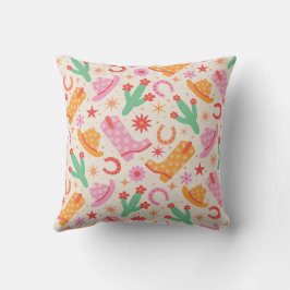 Groovy女性のカーボーイブーツとハットのパターンとサボテン クッション