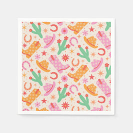 Groovy女性のカーボーイブーツとハットのパターンとサボテン スタンダードカクテルナプキン