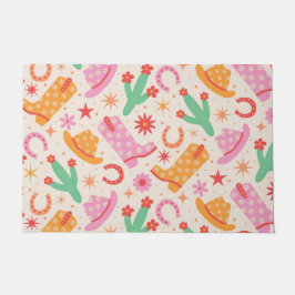 Groovy女性のカーボーイブーツとハットのパターンとサボテン ドアマット