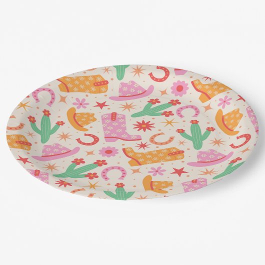Groovy女性のカーボーイブーツとハットのパターンとサボテン ペーパープレート (アングル)