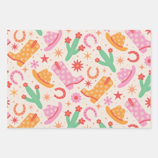 Groovy女性のカーボーイブーツとハットのパターンとサボテン ラッピングペーパーシート (正面3)