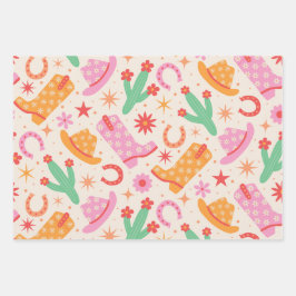 Groovy女性のカーボーイブーツとハットのパターンとサボテン ラッピングペーパーシート