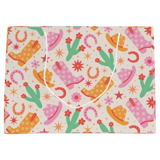 Groovy女性のカーボーイブーツとハットのパターンとサボテン ラージペーパーバッグ (正面)