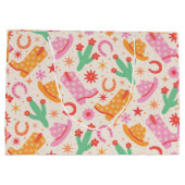 Groovy女性のカーボーイブーツとハットのパターンとサボテン ラージペーパーバッグ (裏面)