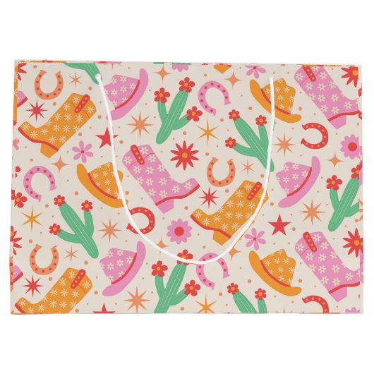 Groovy女性のカーボーイブーツとハットのパターンとサボテン ラージペーパーバッグ (裏面)