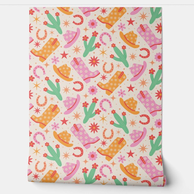 Groovy女性のカーボーイブーツとハットのパターンとサボテン 壁紙 (ほどく)