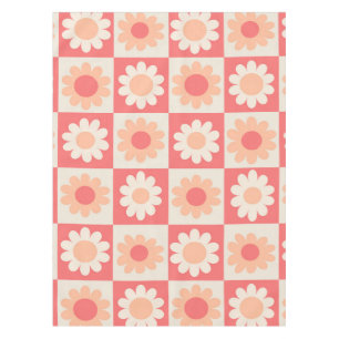 Groovy市松模様に Peachファズレトロ花のパターン テーブルクロス