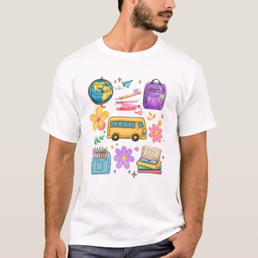 Groovy幸せな学校の最初の日の先生子供の戻る Tシャツ (正面)