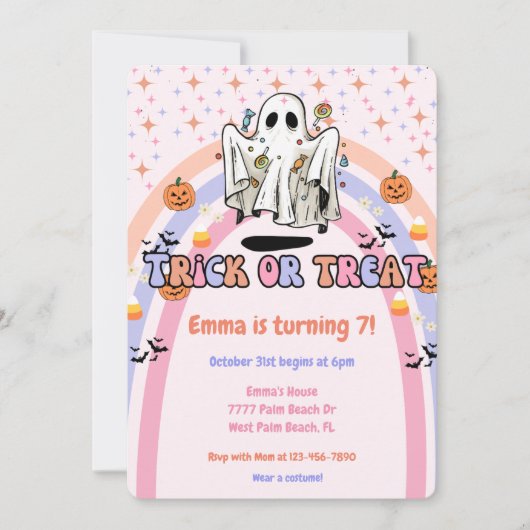 Groovy幽霊トリックまたはトリートハロウィーン誕生日 招待状 (正面)