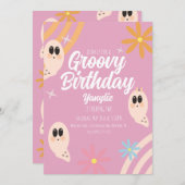 Groovy幽霊フローラレトロハローウィンパーティピンク 招待状 (正面/裏面)