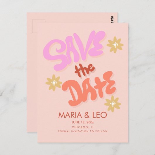 Groovy手描きレタリング日付の保存 ポストカード (正面/裏面)