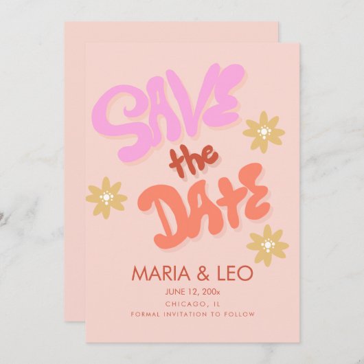 Groovy手描きレタリング日付の保存 招待状 (正面/裏面)