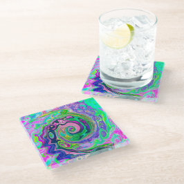 Groovy抽象芸術アクアとネイビーラバスワール ガラスコースター