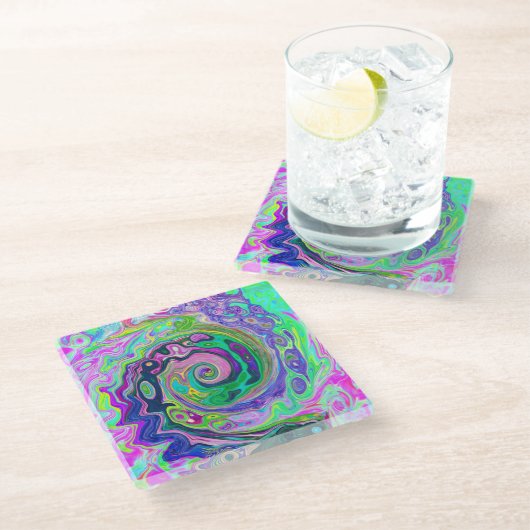 Groovy抽象芸術アクアとネイビーラバスワール ガラスコースター (アングル)