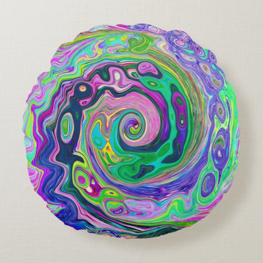 Groovy抽象芸術アクアとネイビーラバスワール ラウンドクッション (正面)