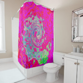 Groovy抽象芸術ティール（緑がかった色）ブルーとレッドスワール シャワーカーテン