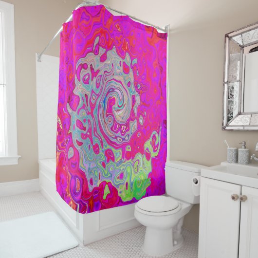 Groovy抽象芸術ティール（緑がかった色）ブルーとレッドスワール シャワーカーテン (インサイチュ)