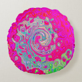 Groovy抽象芸術ティール（緑がかった色）ブルーとレッドスワール ラウンドクッション