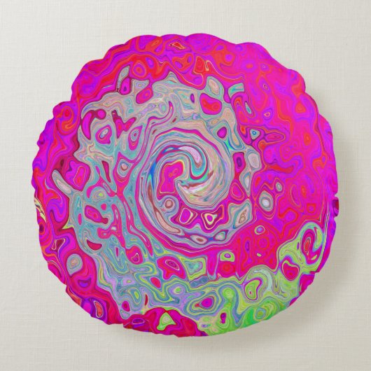 Groovy抽象芸術ティール（緑がかった色）ブルーとレッドスワール ラウンドクッション (正面)