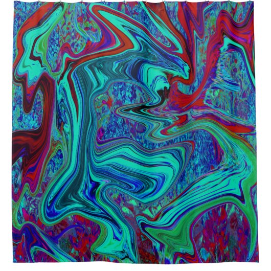 Groovy抽象芸術レトロアートin青と赤 シャワーカーテン (正面)